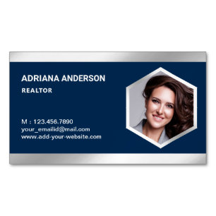 Navy Blue Stål Silver Fastighets Foto Realtor Magnetiska Visitkort
