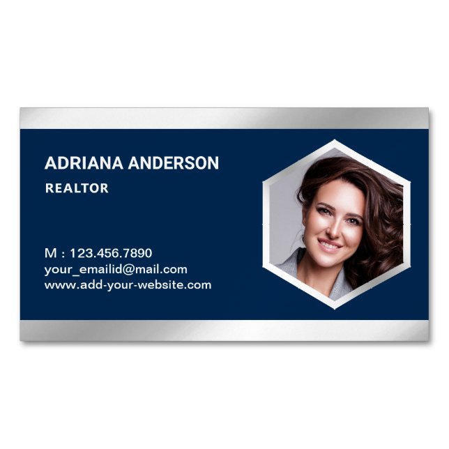 Navy Blue Stål Silver Fastighets Foto Realtor Magnetiska Visitkort (Framsida)