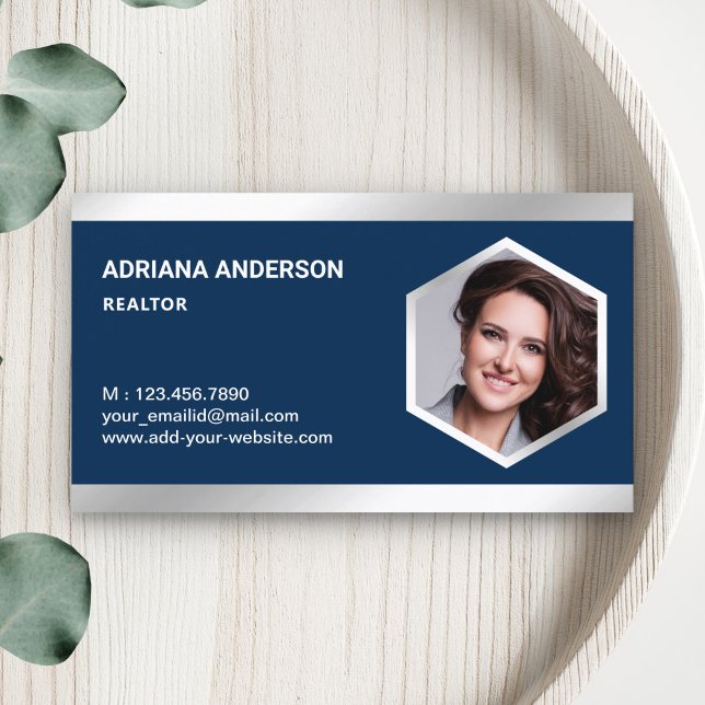 Navy Blue Stål Silver Fastighets Foto Realtor Visitkort (Skapare uppladdad)