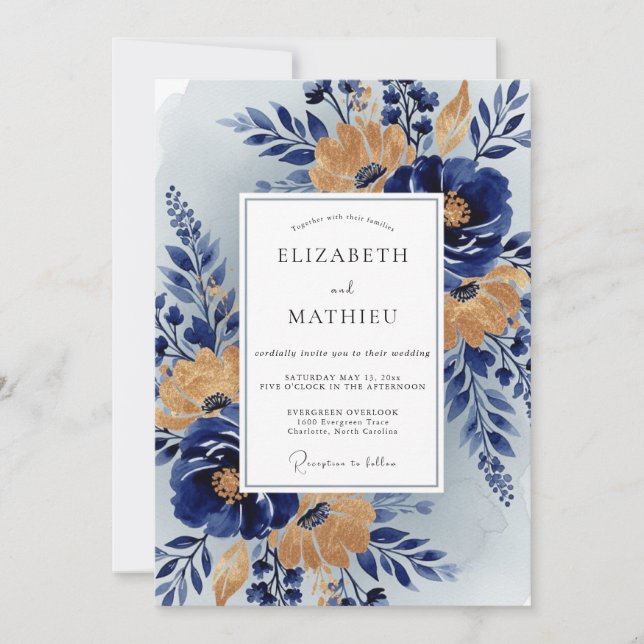 Navy Blue Stately Botanical Wedding Inbjudningar (Framsida)