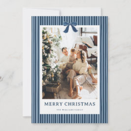 Navy Blue Stripe Bow Christmas Photo Holiday Card Julkort