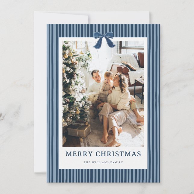 Navy Blue Stripe Bow Christmas Photo Holiday Card Julkort (Framsida)