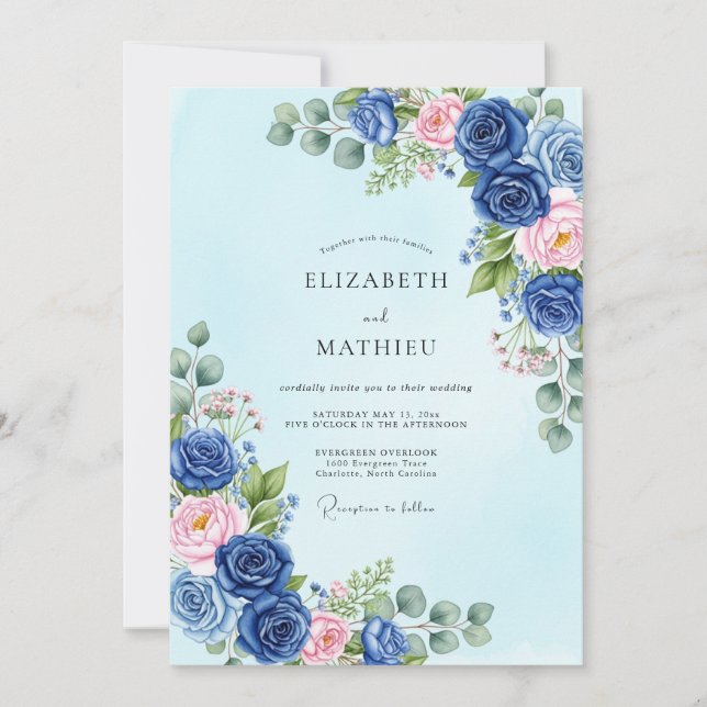Navy Blue Sublime Botanical Spring Wedding Inbjudningar (Framsida)
