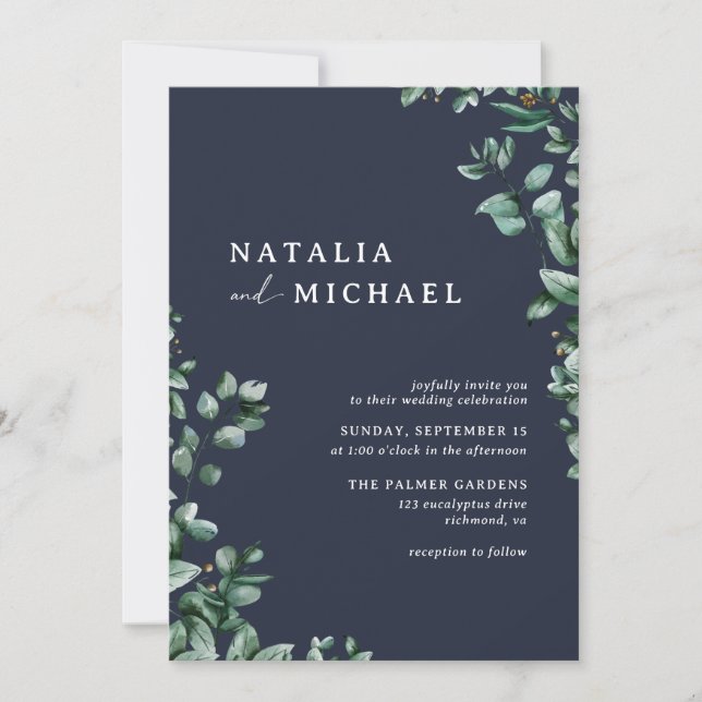 Navy Blue Subtle Greenery | Elegant Modern Bröllop Inbjudningar (Framsida)