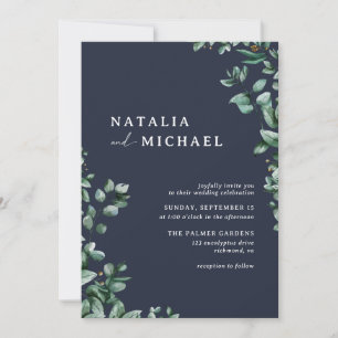 Navy Blue Subtle Greenery   Elegant Modern Bröllop Inbjudningar