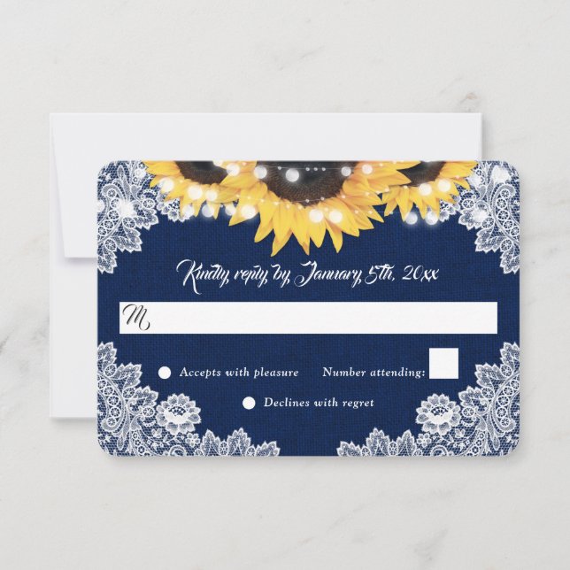 Navy Blue Sunflower Burlap Floral Lace Wedding OSA Kort (Framsida)