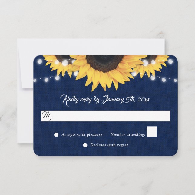Navy Blue Sunflower Burlap String Lights Wedding OSA Kort (Framsida)
