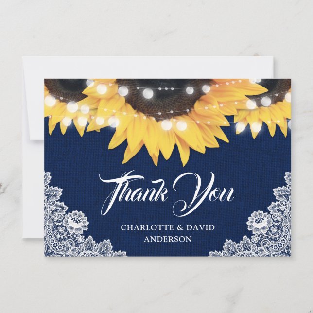 Navy Blue Sunflower Burlap String Lights Wedding Tack Kort (Framsida)