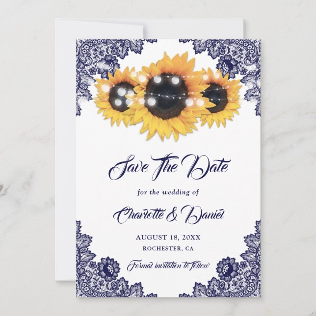 Navy Blue Sunflower Floral Lace Rustic Wedding Spara Datumet (Framsida)