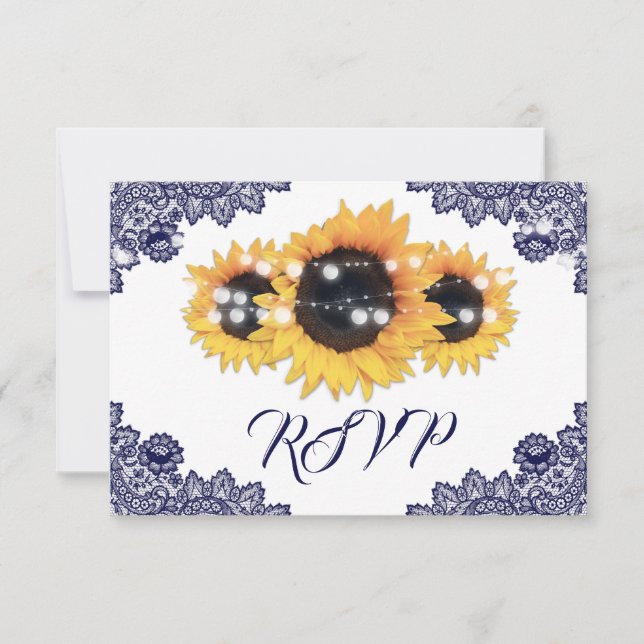 Navy Blue Sunflower Floral Lace Wedding OSA Kort (Framsida)