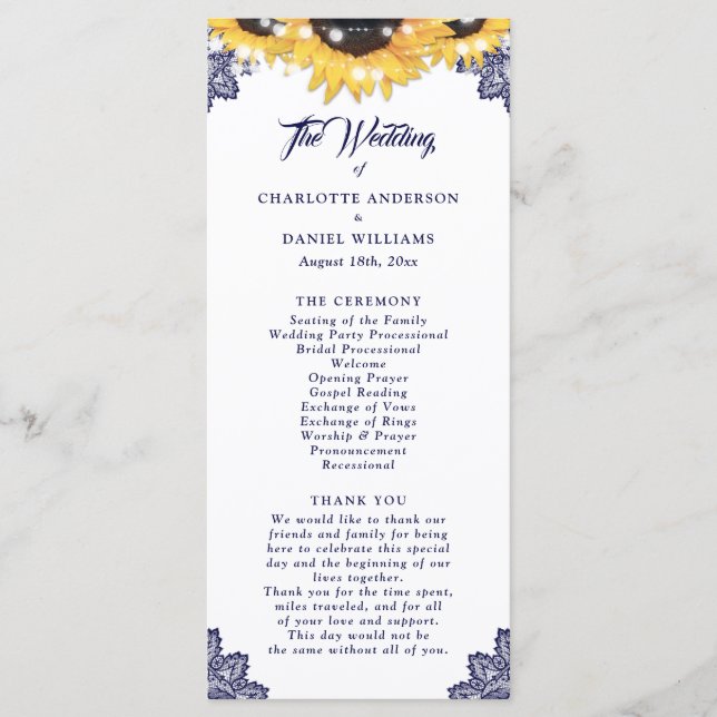Navy Blue Sunflower Floral Lace Wedding Program (Framsida)