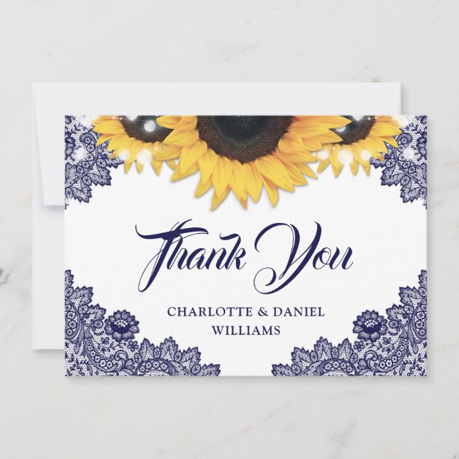 Navy Blue Sunflower Lace Elegant Script Wedding Tack Kort (Framsida)