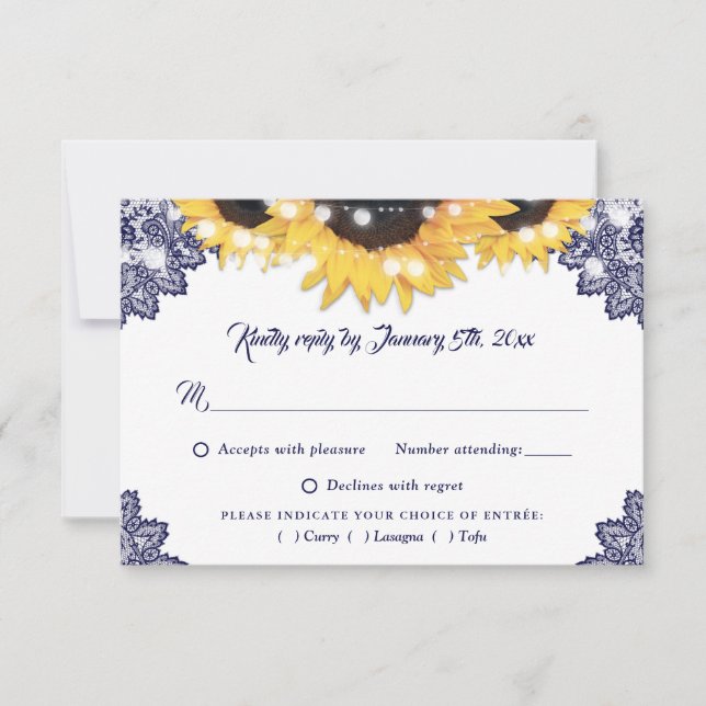 Navy Blue Sunflower Lace Wedding Meal Choice OSA Kort (Framsida)