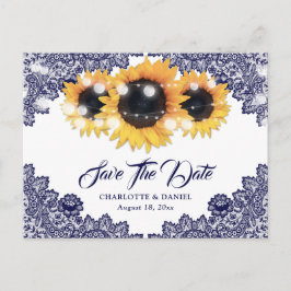 Navy Blue Sunflower Lace Wedding Save The Date Meddelande Vykort