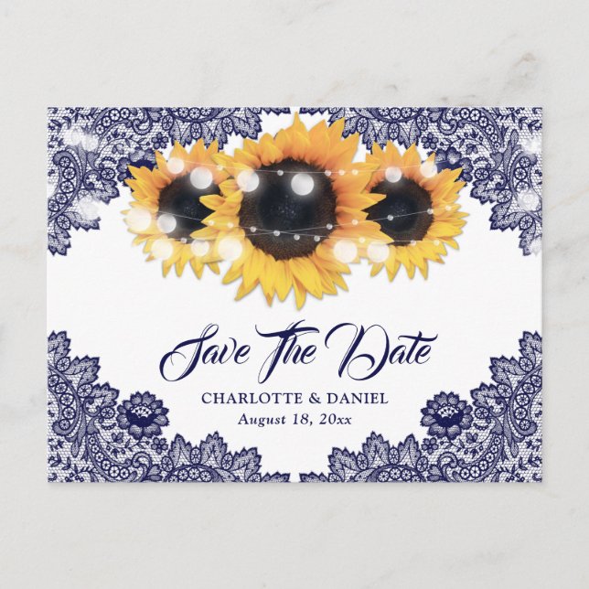 Navy Blue Sunflower Lace Wedding Save The Date Meddelande Vykort (Framsida)