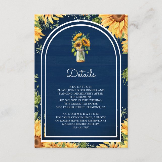 Navy Blue Sunflower Mason Jar Arch Wedding Details Tilläggskort (Framsida)