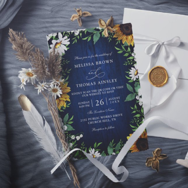 Navy Blue Sunflower Rustic Budget QR Code Wedding Inbjudningar (Skapare uppladdad)