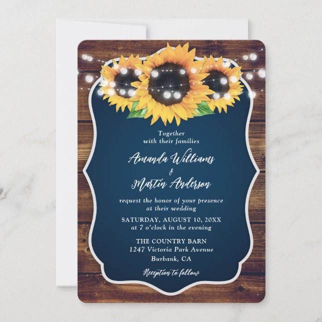 Navy Blue Sunflower Rustic Wood Wedding Inbjudningar (Framsida)