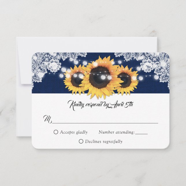 Navy Blue Sunflower String Lights Burlap Wedding OSA Kort (Framsida)