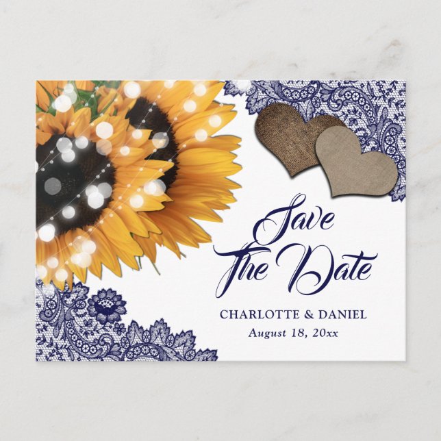 Navy Blue Sunflower Wedding Save The Date Postcard Meddelande Vykort (Framsida)