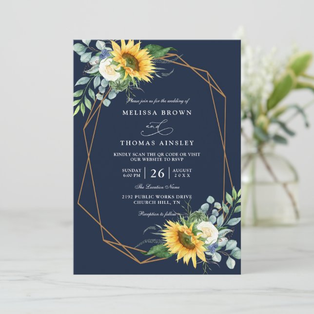navy blue Sunflower white peony qr code wedding Inbjudningar (Stående Fram)