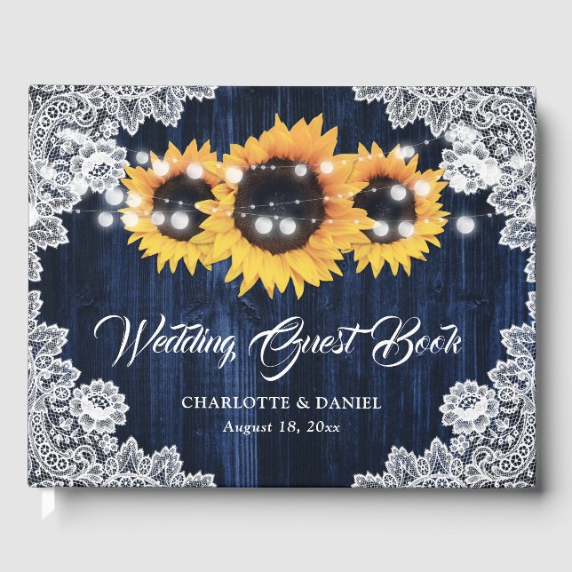 Navy Blue Sunflower Wood Floral Lace Wedding Gästböcker (Framsida)