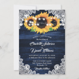 Navy Blue Sunflower Wood Floral Lace Wedding Inbjudningar