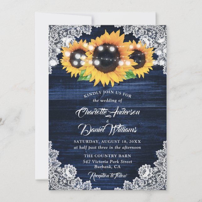 Navy Blue Sunflower Wood Floral Lace Wedding Inbjudningar (Framsida)