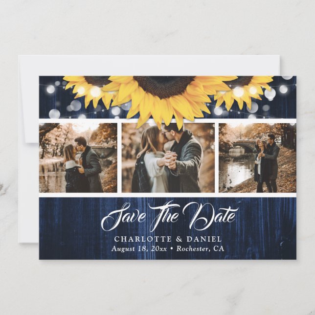 Navy Blue Sunflower Wood Lights Wedding Photo Spara Datumet (Framsida)