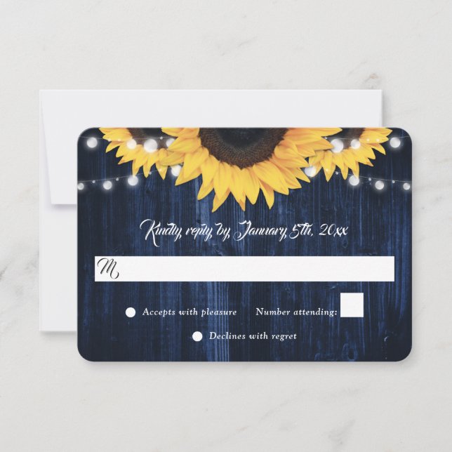 Navy Blue Sunflower Wood String Lights Wedding OSA Kort (Framsida)