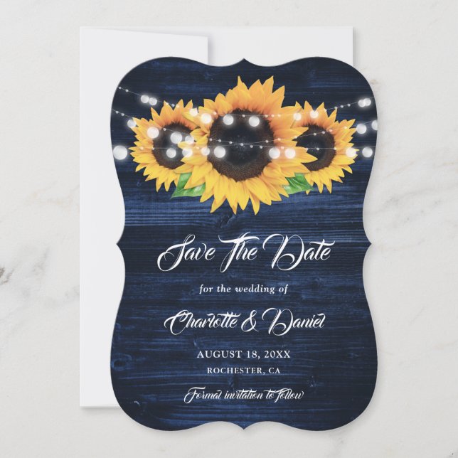 Navy Blue Sunflower Wood String Lights Wedding Spara Datumet (Framsida)