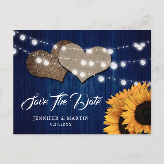 Navy Blue Sunflower Wood String Lights Wedding Vykort (Framsida)