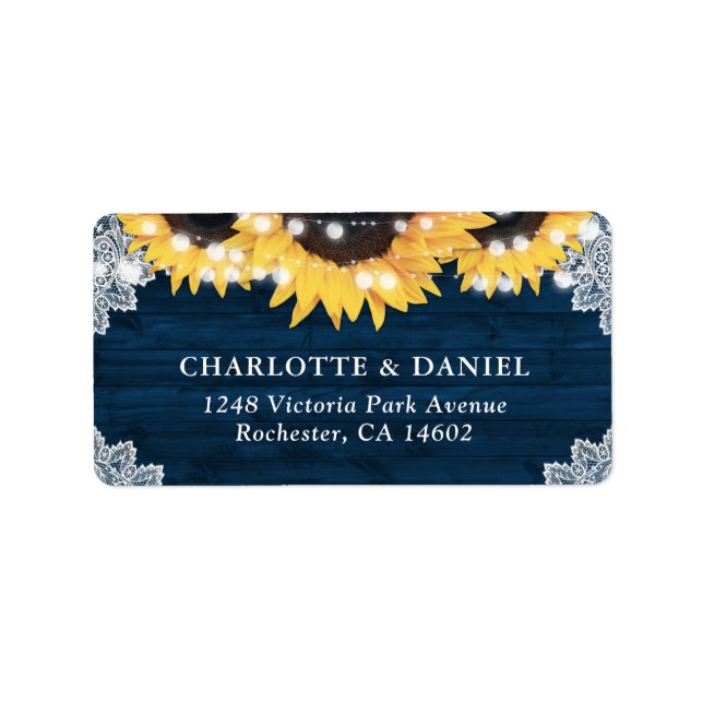 Navy Blue Sunflower Wood Wedding Address Labels Adressetikett (Framsidan)