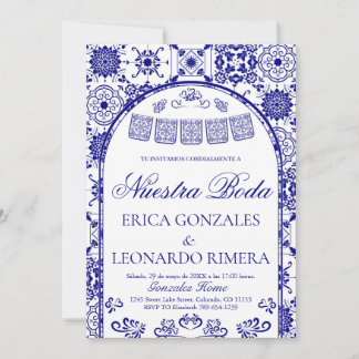 Navy Blue Talavera Papel Picado Spanish Wedding Inbjudningar