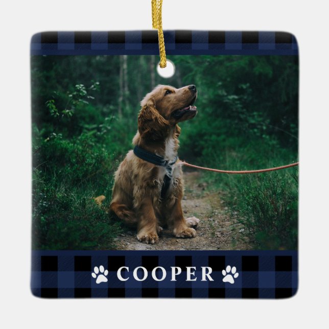 Navy Blue Tartan Play Hund Photo Ornament (Framsida)
