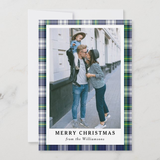 Navy Blue Tartan Play Photo God jul Card Julkort (Framsida)