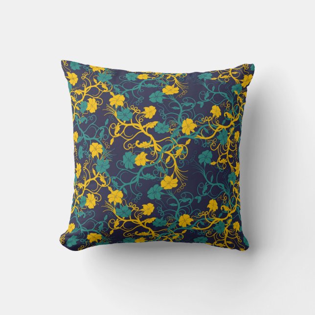 Navy Blue Teal & Gult Modern Blommönster Kudde (Framsida)