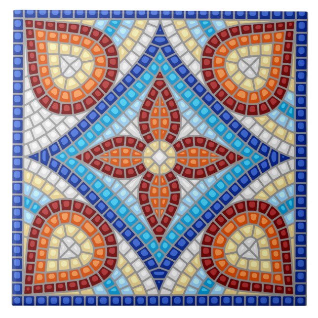 Navy Blue Teal White Red Marble Moroccan Mosaic  Kakelplatta (Framsidan)
