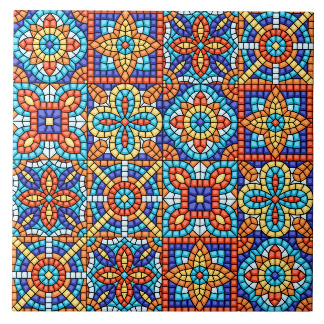 Navy Blue Teal White Red Marble Moroccan Mosaic  Kakelplatta (Framsidan)