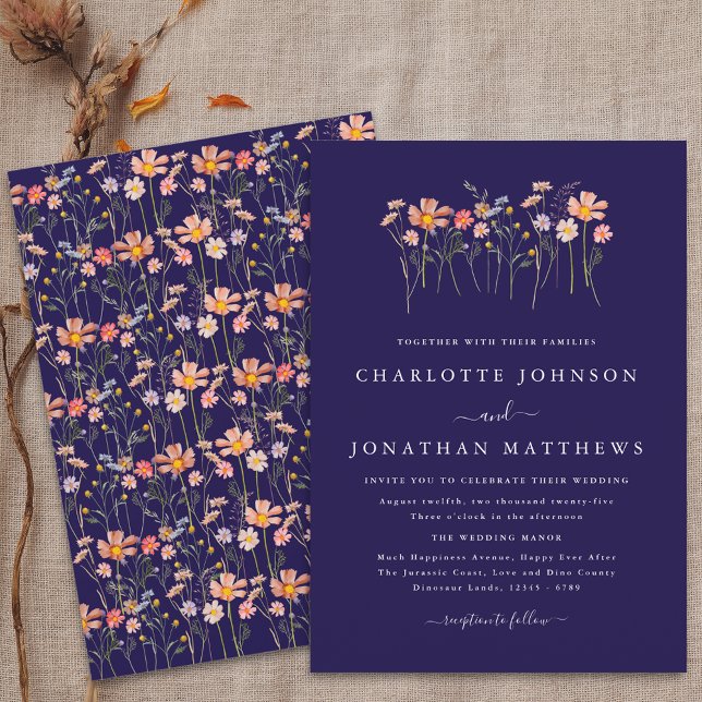 Navy Blue Terracotta Boho Fall WildblomBröllop Inbjudningar (Boho fall Wildflower floral navy blue terracotta blush pink orange Wedding invitation)