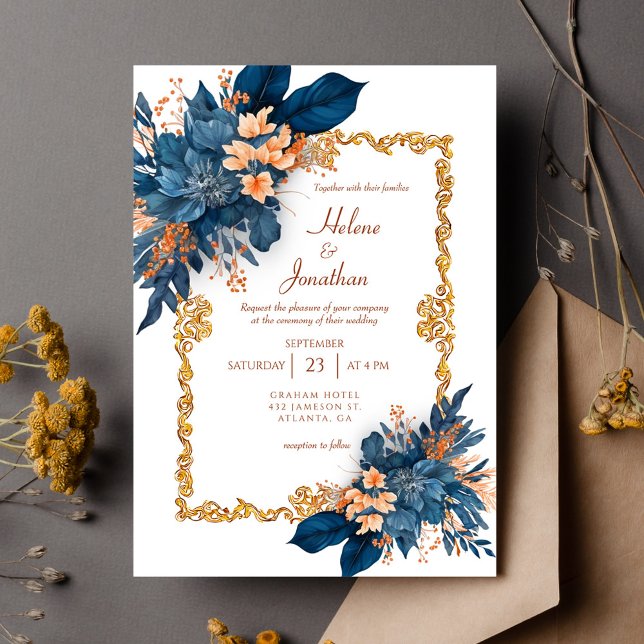 Navy Blue Terracotta Classic Elegant bröllop Inbjudningar (Navy Blue Terracotta Classic Elegant Wedding Invitation)