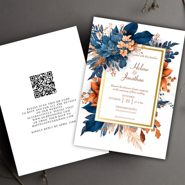 Navy Blue Terracotta Garden Boho Elegant bröllop Inbjudningar (Navy Blue Terracotta Garden Boho Elegant Wedding Invitation)