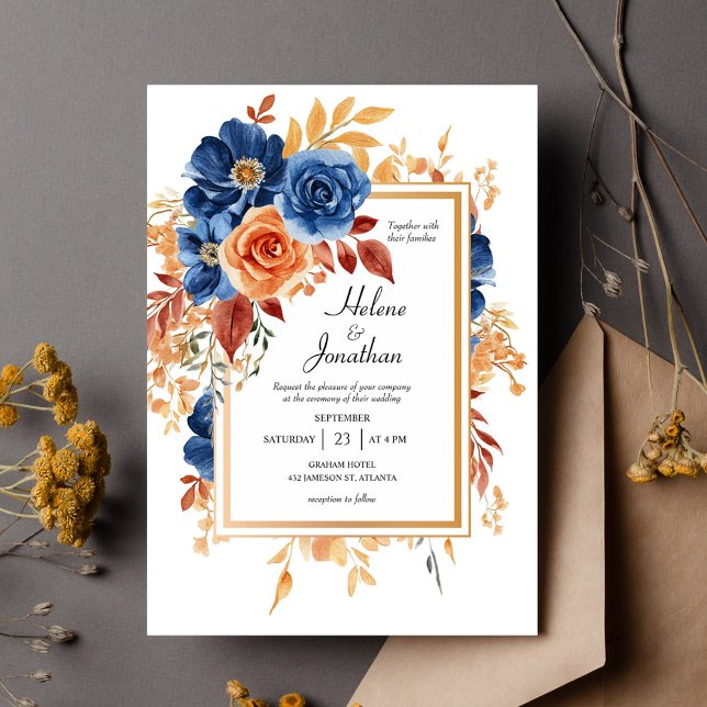 Navy Blue Terracotta Rust Garden Elegant bröllop Inbjudningar (Navy Blue Terracotta Rust Garden Elegant Wedding Invitation)
