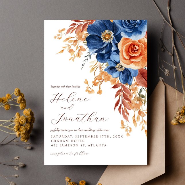 Navy Blue Terracotta Rust Rustic Elegant bröllop Inbjudningar (Navy Blue Terracotta Rust Rustic Elegant Wedding Invitation)