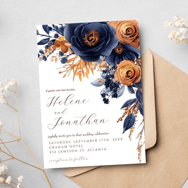 Navy Blue Terracotta Watercolor Elegant bröllop Inbjudningar (Navy Blue Terracotta Watercolor Elegant Wedding Invitation)