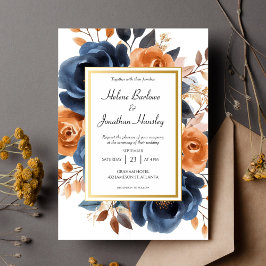 Navy Blue Terracotta Watercolor Elegant bröllop Inbjudningar