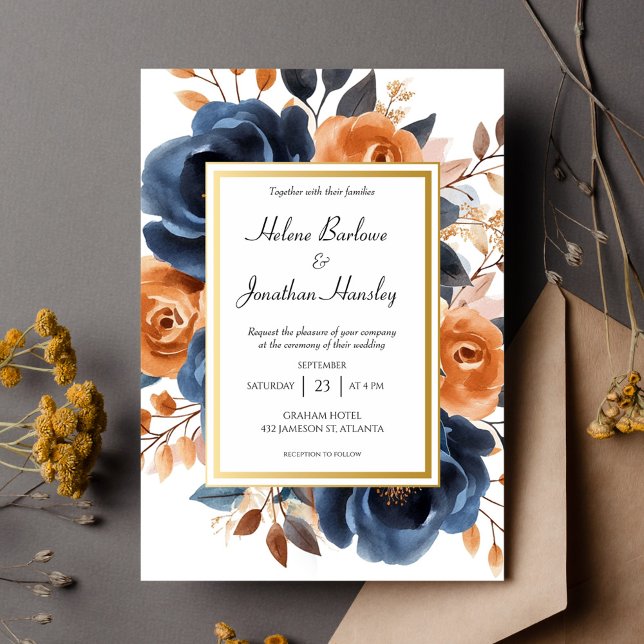 Navy Blue Terracotta Watercolor Elegant bröllop Inbjudningar (Navy Blue Terracotta Watercolor Elegant Wedding Invitation)
