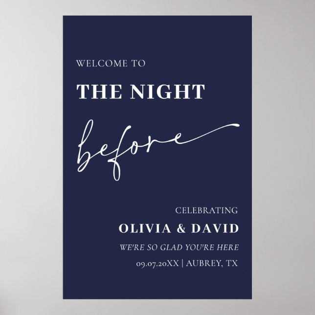 Navy Blue the Natt before Rehearsal Welcome Sign Poster (Framsidan)