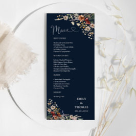 Navy Blue Tiny Wildblomu Bröllop Menu Meny