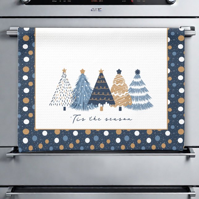 Navy Blue Träd Modern Dots jul Namn Kökshandduk (Navy Blue Trees Modern Dots Christmas Name Kitchen Towel)